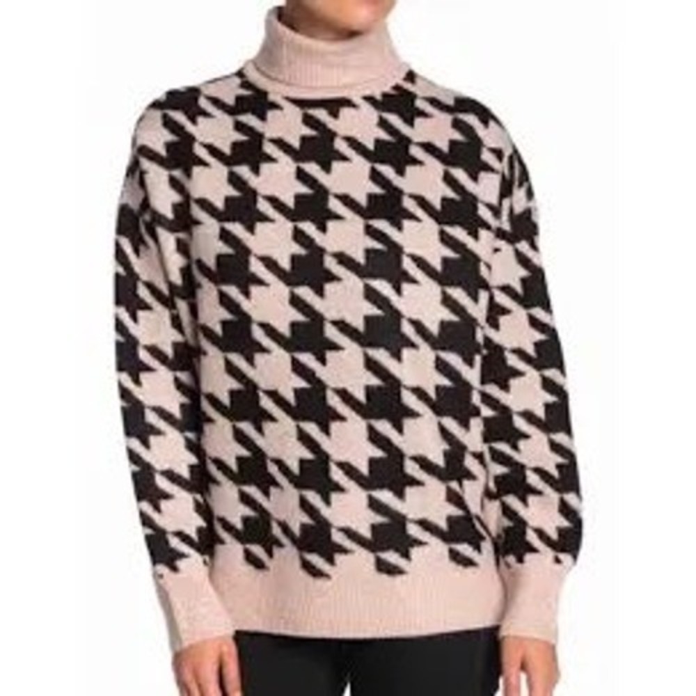 Vince Camuto Houndstooth‎ Turtleneck Sweater Women Size S Beige Black Knit